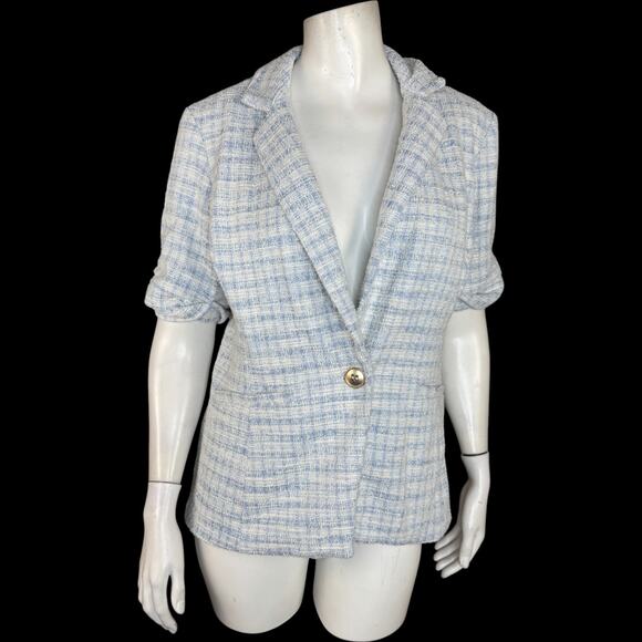 GRAVER Susan Graver Knit Tweed Short Sleeve Blazer Wind Blue Small Career - Picture 1 of 14